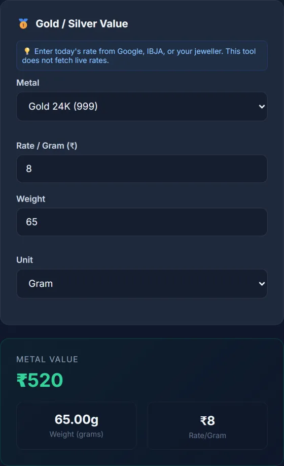 Gold/Silver Price Calculator — result screen