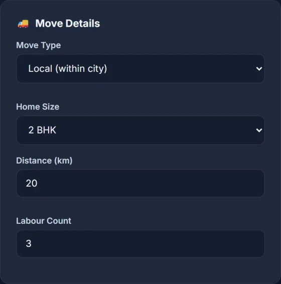 Advanced Moving Cost Calculator — input screen