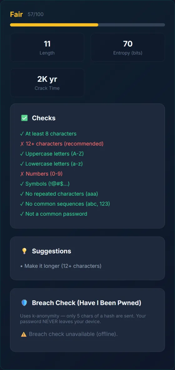 Password Strength Checker — result screen